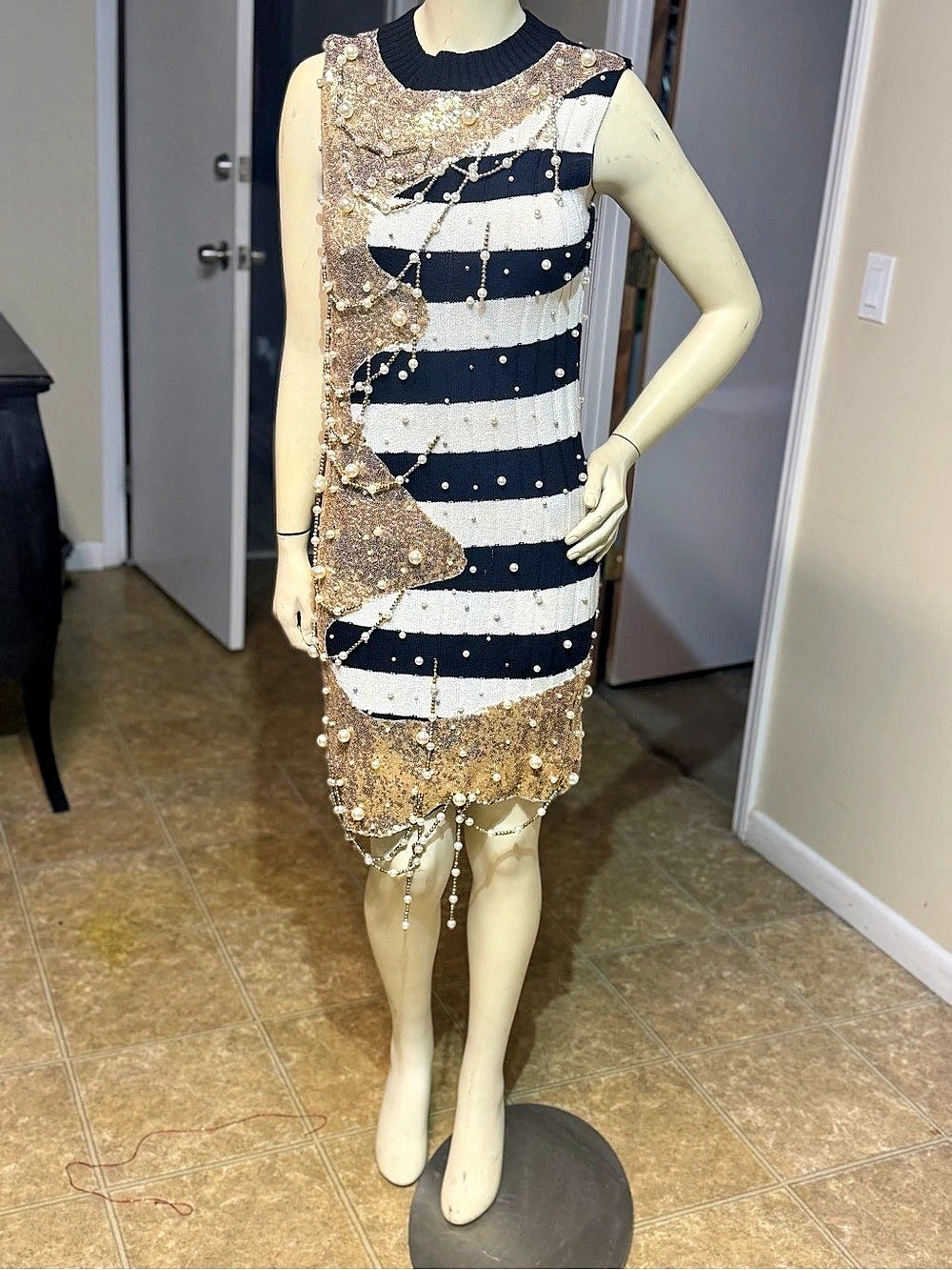 Akira Striped Sequin Mini Dress in Black & Gold